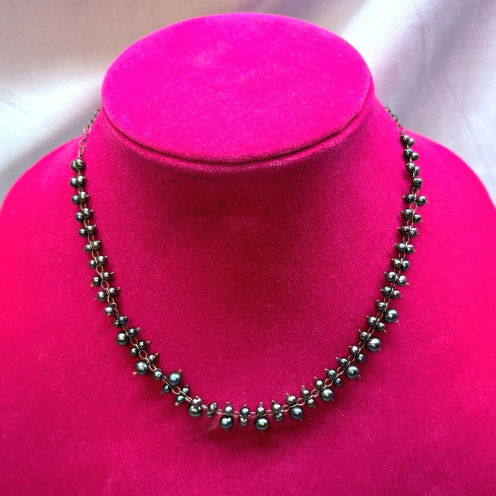 Pearl Necklace Womens 18.5in Black Excellent Sterling Peacock Cluster